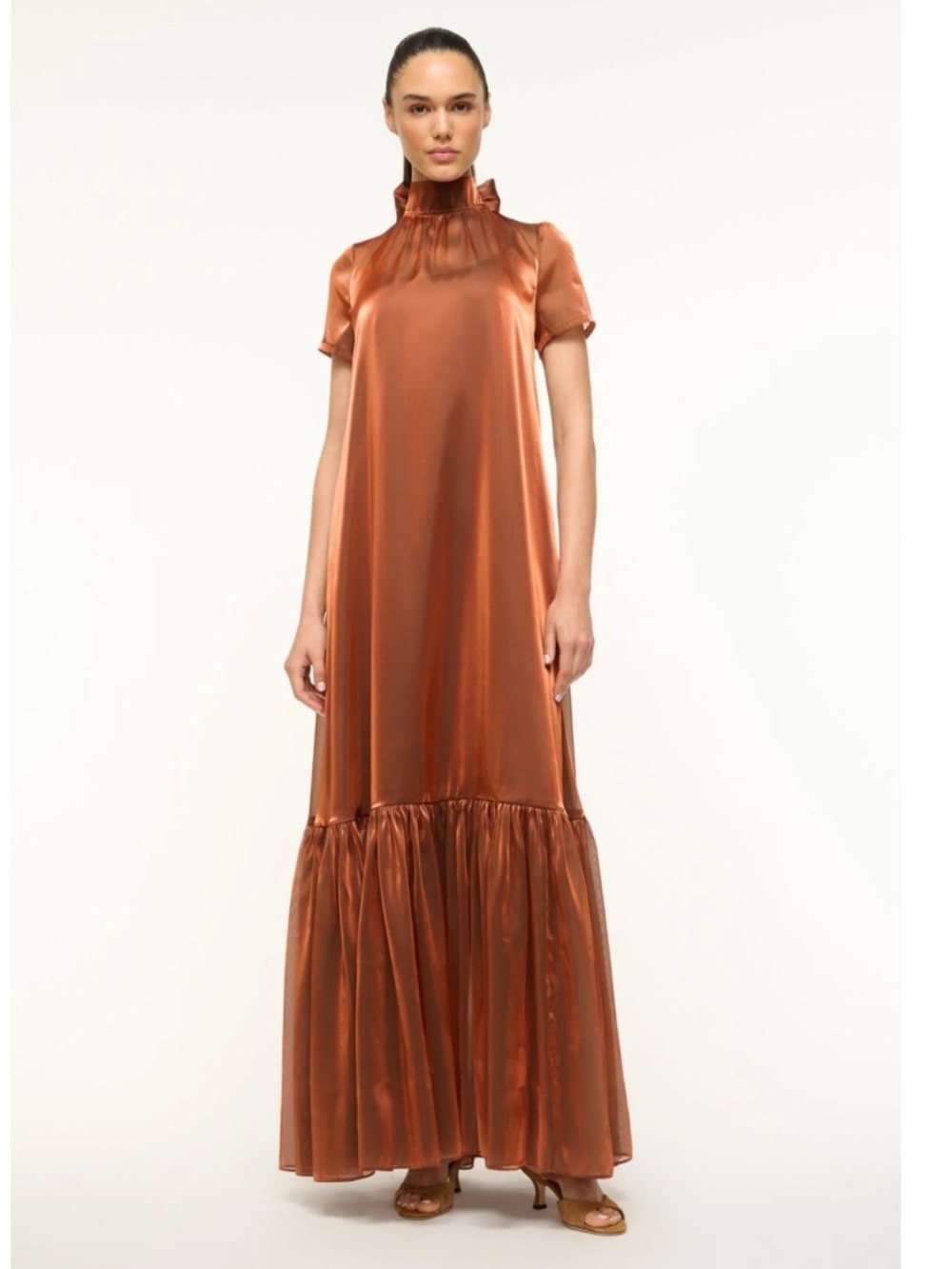 STAUD Copper Satin Maxi Dress with Ruffle Neck